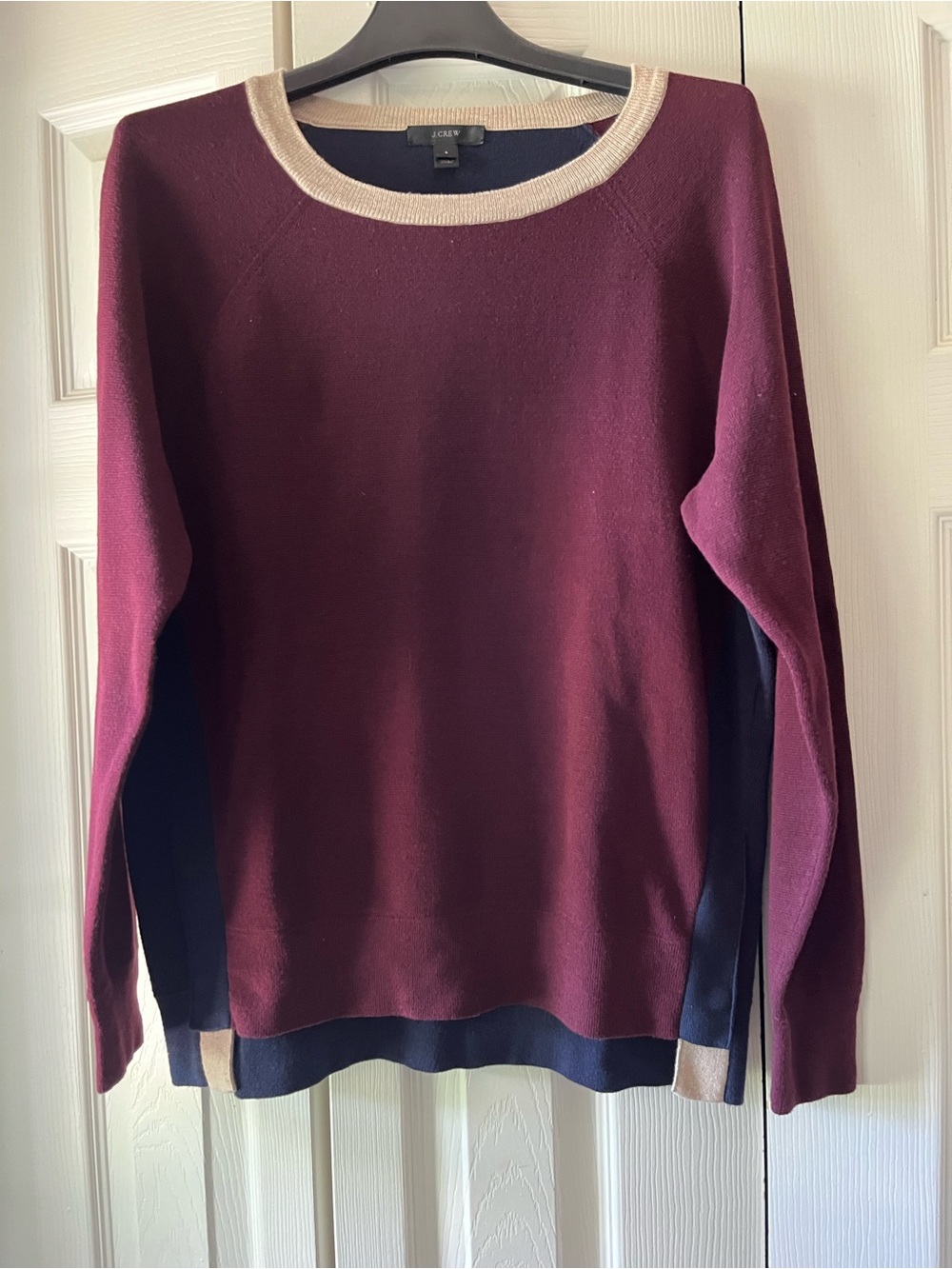 J. Crew Burgundy/Navy Blue Colorblock Crewneck Sweater- Contrasting beige collar